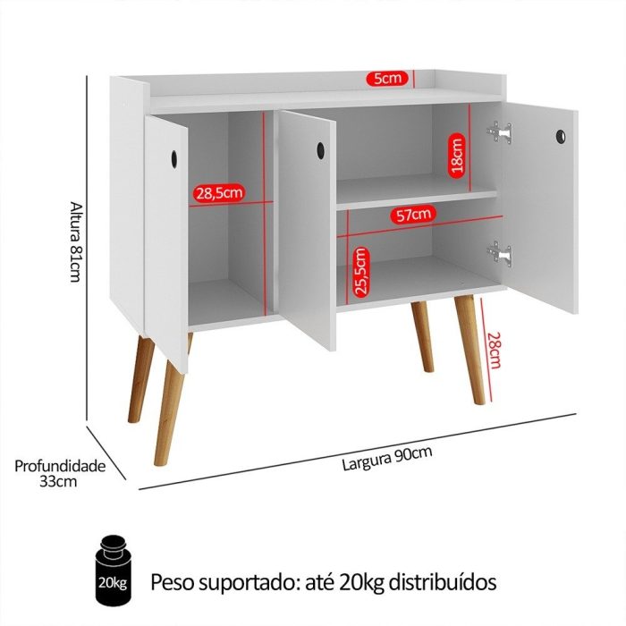 Aparador Buffet Wood Prime 3 Portas Cantinho Café Prateleira Organizadora Pés Palito Decoração Retrô - Branco - Rpm - Imagem 2