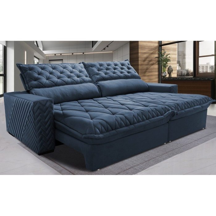 Sofá Retrátil e Reclinável 2,75m Molas Ensacadas Cama inBox Spazus com Bordado 3D Velusoft Azul - Imagem 1