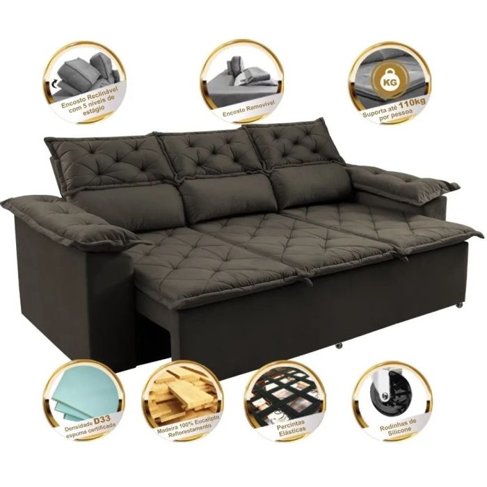Sofá 3 Lugares Retrátil e Reclinável Cama inBox Compact 2,00m Velusoft Café - Imagem 5