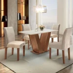 Conjunto Sala de Jantar Mesa Tampo MDF 4 Cadeiras Espanha Yescasa Chocolate/Off White/Suede Bege