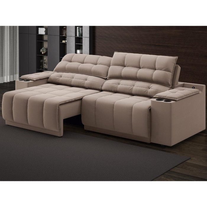 Sofá com Porta Copos Carregador USB Retrátil Reclinável Samurai 2 mt Velosuede Marrom netsofas - Imagem 1