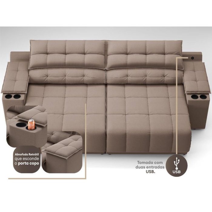 Sofá com Porta Copos Carregador USB Retrátil Reclinável Samurai 2 mt Velosuede Marrom netsofas - Imagem 2