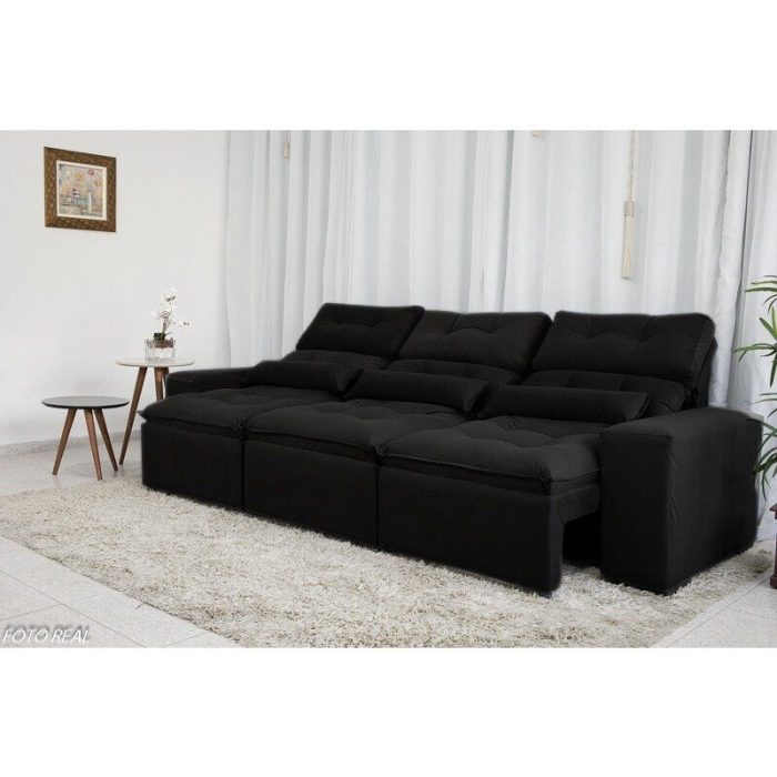 Sofá Retrátil e Reclinável 2,10m c/ 03 Módulos em Tecido Suede Preto - Montagem Inclusa - Imagem 1