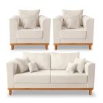 Kit Sofá 3 Lugares e 2 Poltronas Beny Viena Com Almofadas Decorativa Linho Bege – Madeira Prima Deccor
