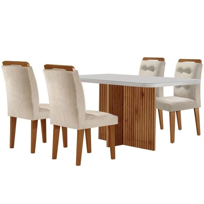 Sala De Jantar Mesa Olímpia 120cm Mdf Vidro Canto Copo Com 4 Cadeiras Creme, Off White E Imbuia - Imagem 1