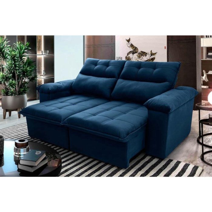 Sofá Retrátil/Reclinável Verona 2,00m Suede Velut Azul Marinho c/ Molas no Assento - King House - Imagem 1