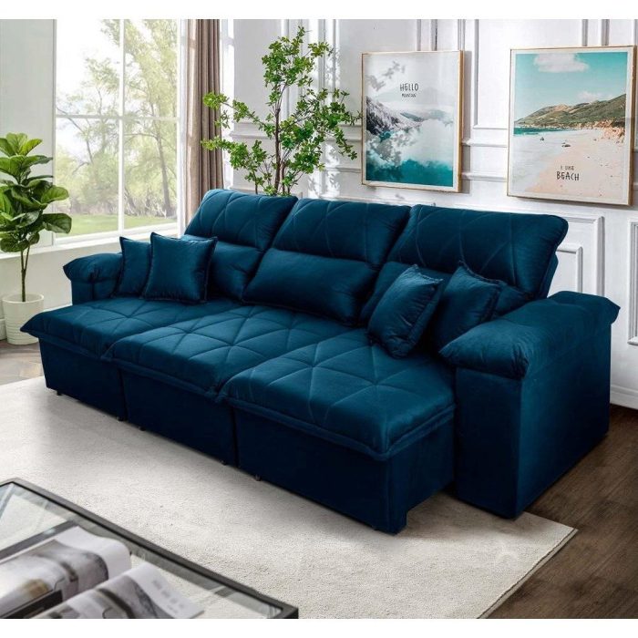 Sofá Retrátil/Reclinável Trento 2,30m Suede Velut Azul c/ Molas no Assento - King House - Imagem 1