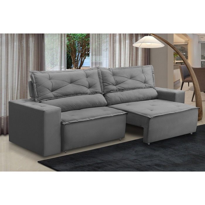 Sofá Retrátil e Reclinável 3 lugares com Molas 1,50m Laura Suede Cinza Madelina - Imagem 1