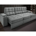 Sofá com Porta Copos e Carregador USB Eureka 2,30m Assento Retrátil e Reclinável Velosuede Grafite - netsofas
