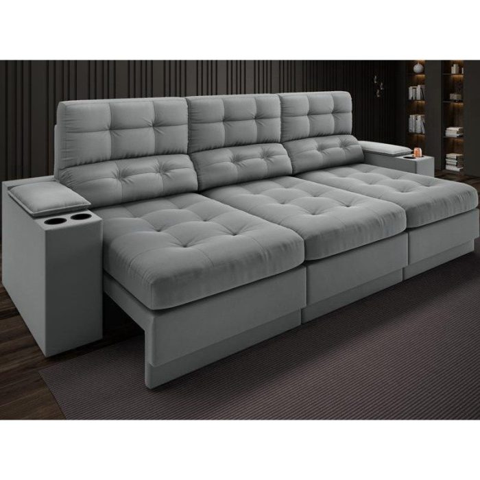 Sofá com Porta Copos e Carregador USB Eureka 2,30m Assento Retrátil e Reclinável Velosuede Grafite - netsofas - Imagem 1
