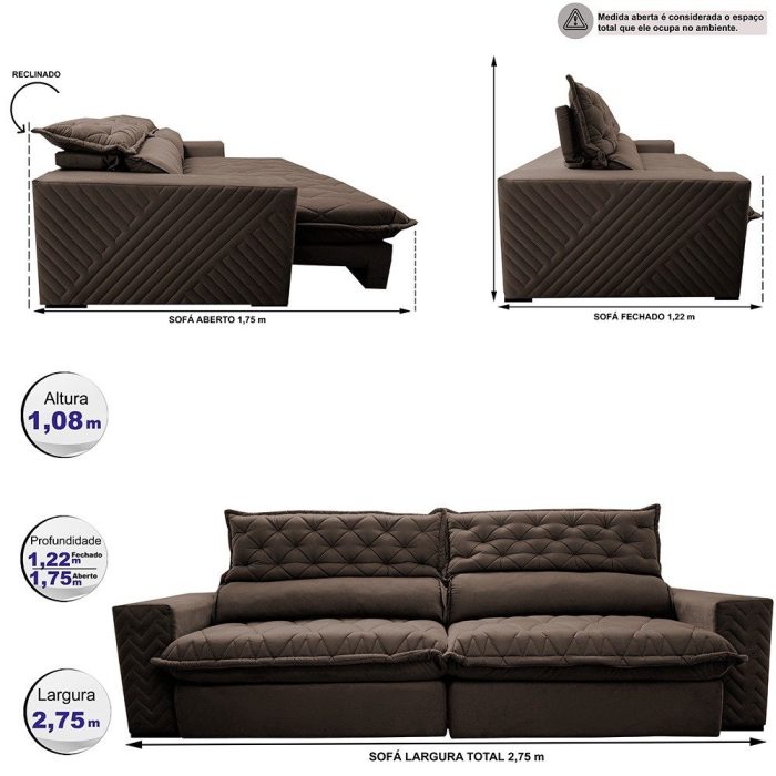 Sofá Retrátil e Reclinável 2,75m Molas Ensacadas Cama inBox Spazus com Bordado 3D Velusoft Café - Imagem 2
