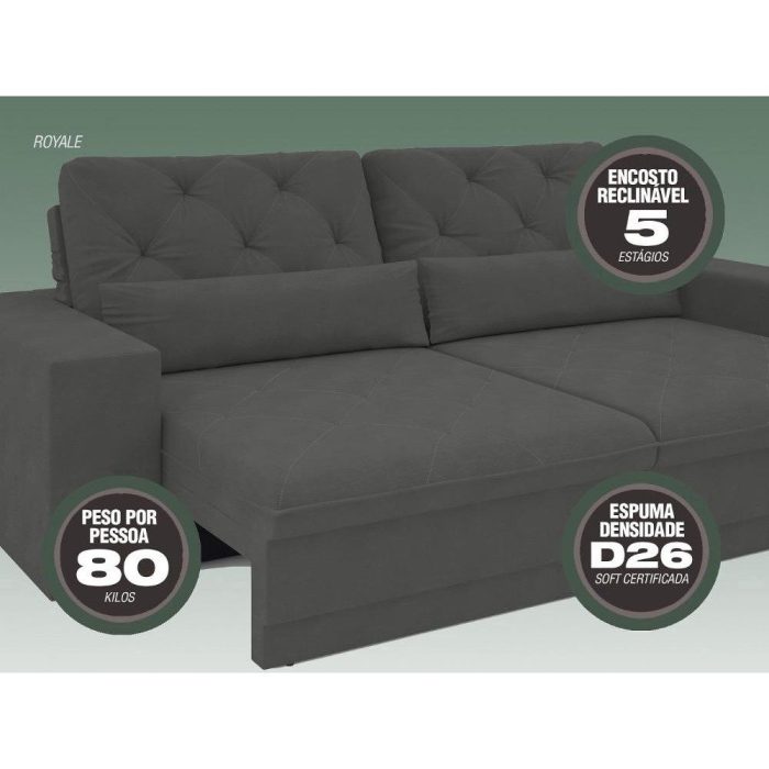 Sofá 5 Lugares Net Royale Assento Retrátil e Reclinável Grafite 2,50m - Imagem 4