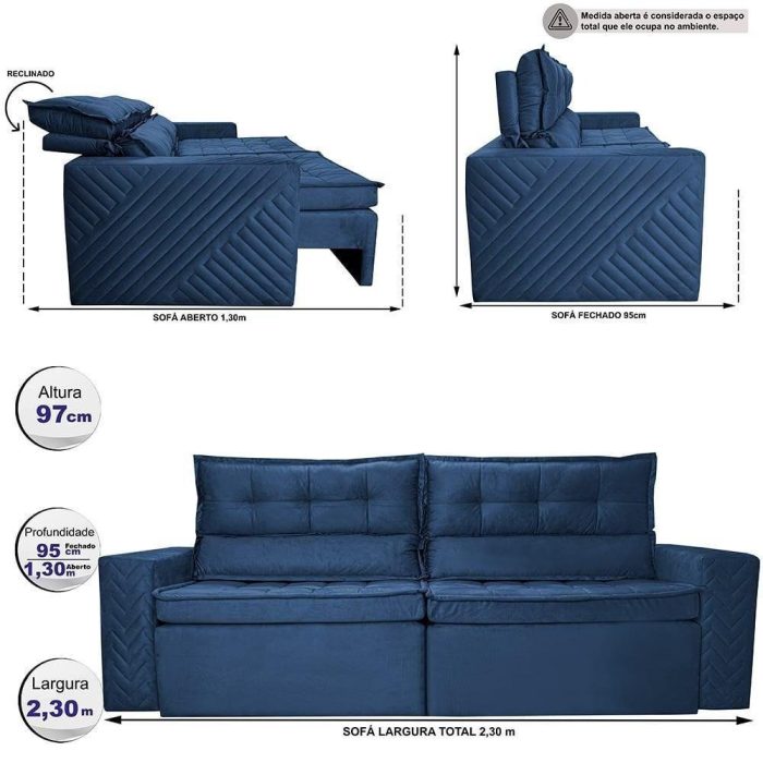 Sofá Retrátil E Reclinável 2,30m Cama Inbox Charm Velusoft Azul - Imagem 2