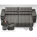 Sofá com Porta Copos Carregador USB Retrátil Reclinável Samurai 2 mt Velosuede Cinza netsofas - Imagem 2