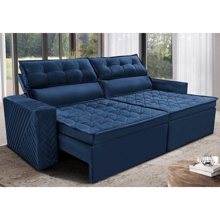 Sofá Retrátil E Reclinável 2,30m Cama Inbox Charm Velusoft Azul - Imagem 1