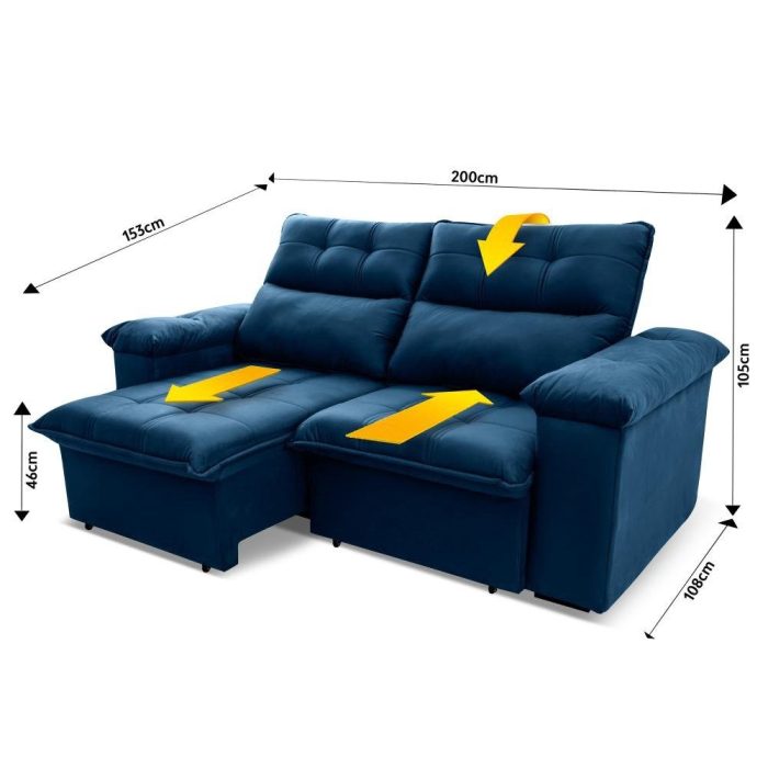 Sofá Retrátil/Reclinável Verona 2,00m Suede Velut Azul Marinho c/ Molas no Assento - King House - Imagem 2