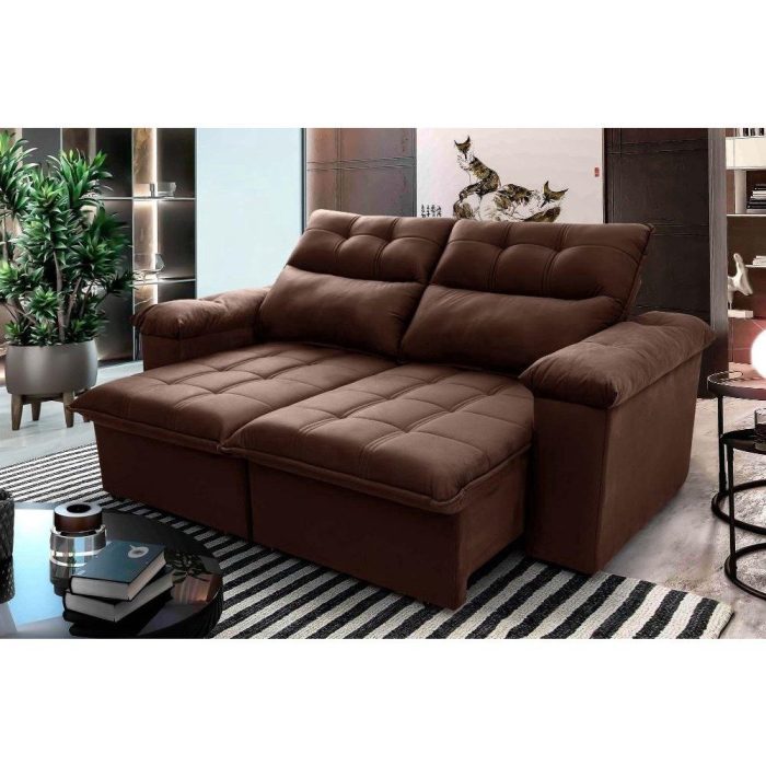 Sofá Retrátil/Reclinável Verona 2,00m Suede Velut Marrom c/ Molas no Assento - King House - Imagem 1