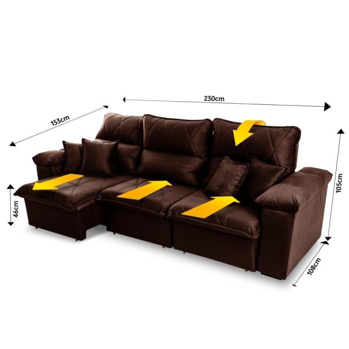 Sofá Retrátil/Reclinável Trento 2,30m Suede Velut Marrom c/ Molas no Assento - King House - Imagem 2
