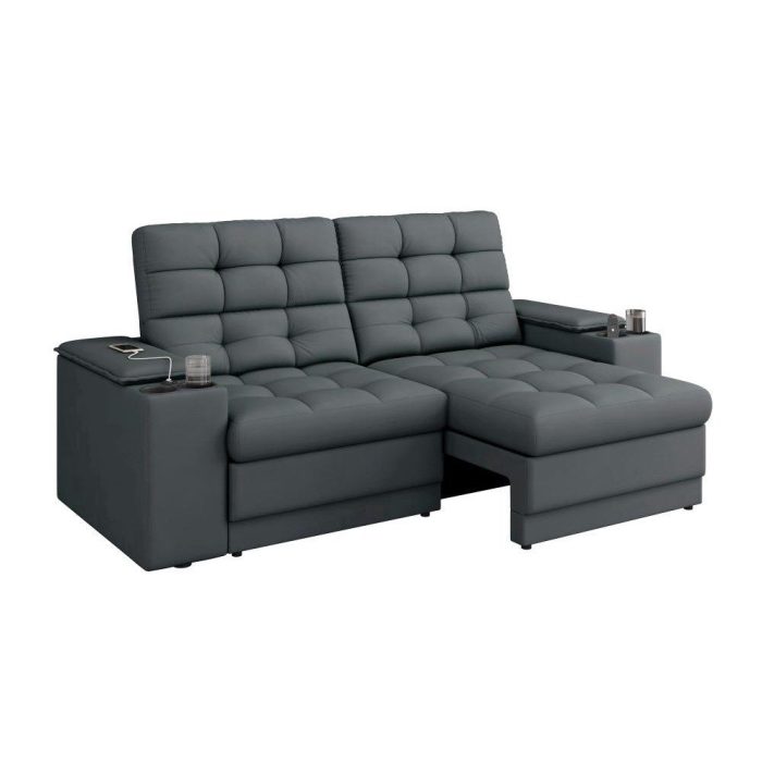 Sofá Confort Premium 1,70m Assento Retrátil/Reclinável porta copos e USB Suede Cinza - XFlex Sofas - Imagem 4