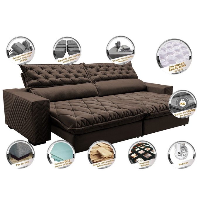 Sofá Retrátil e Reclinável 2,75m Molas Ensacadas Cama inBox Spazus com Bordado 3D Velusoft Café - Imagem 3