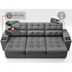 Sofá com Porta Copos e Carregador USB Eureka 2,30m Assento Retrátil e Reclinável Velosuede Grafite - netsofas - Imagem 3