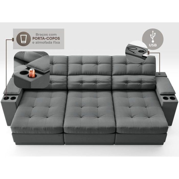 Sofá com Porta Copos e Carregador USB Eureka 2,30m Assento Retrátil e Reclinável Velosuede Grafite - netsofas - Imagem 3