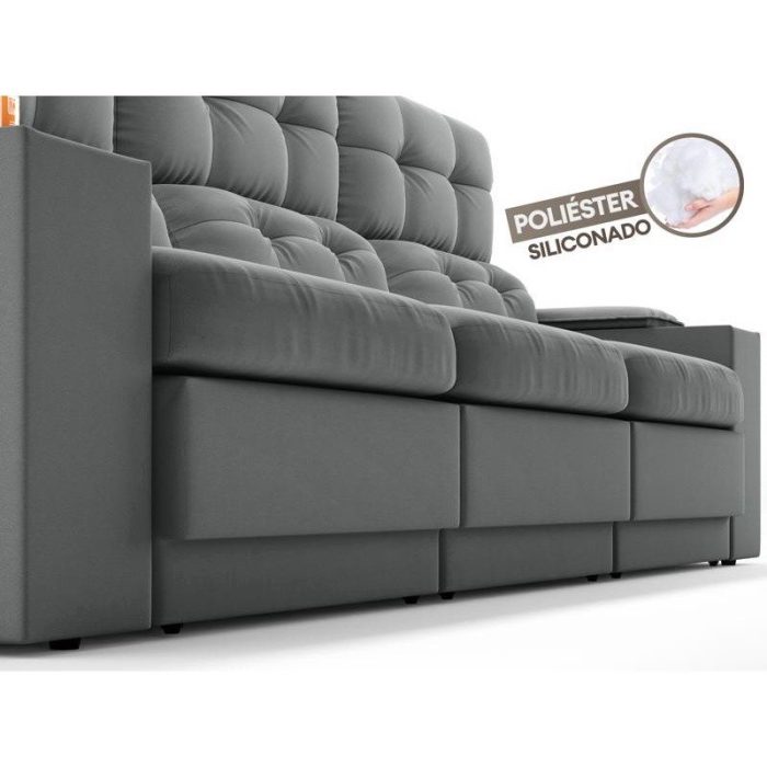 Sofá com Porta Copos e Carregador USB Eureka 2,30m Assento Retrátil e Reclinável Velosuede Grafite - netsofas - Imagem 4