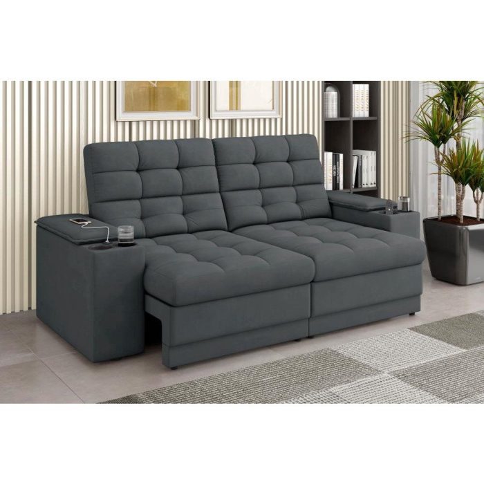 Sofá Confort Premium 1,70m Assento Retrátil/Reclinável porta copos e USB Suede Cinza - XFlex Sofas - Imagem 1