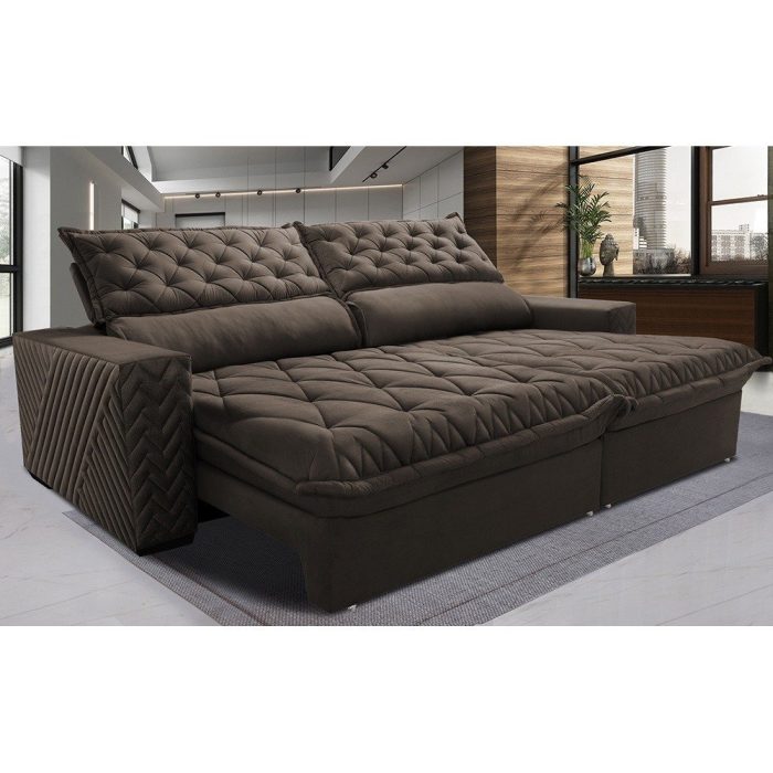Sofá Retrátil e Reclinável 2,75m Molas Ensacadas Cama inBox Spazus com Bordado 3D Velusoft Café - Imagem 1