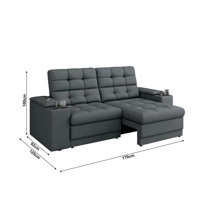 Sofá Confort Premium 1,70m Assento Retrátil/Reclinável porta copos e USB Suede Cinza - XFlex Sofas - Imagem 3