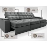Sofá com Porta Copos e Carregador USB Eureka 2,30m Assento Retrátil e Reclinável Velosuede Grafite - netsofas - Imagem 2