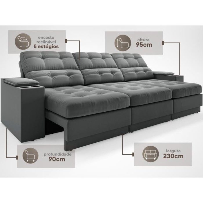 Sofá com Porta Copos e Carregador USB Eureka 2,30m Assento Retrátil e Reclinável Velosuede Grafite - netsofas - Imagem 2