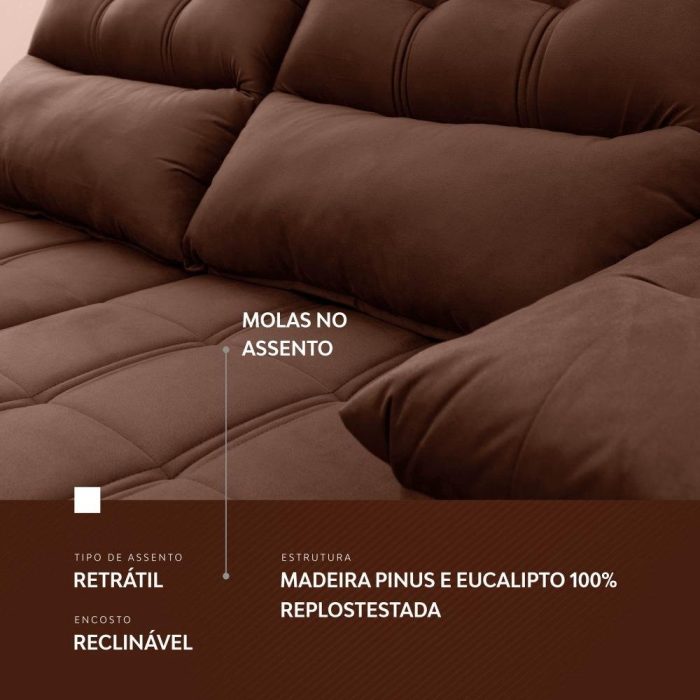 Sofá Retrátil/Reclinável Verona 2,00m Suede Velut Marrom c/ Molas no Assento - King House - Imagem 5
