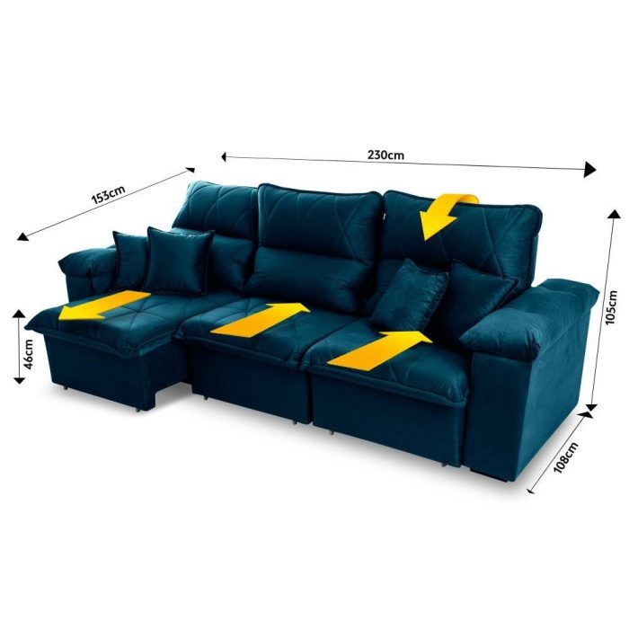 Sofá Retrátil/Reclinável Trento 2,30m Suede Velut Azul c/ Molas no Assento - King House - Imagem 2