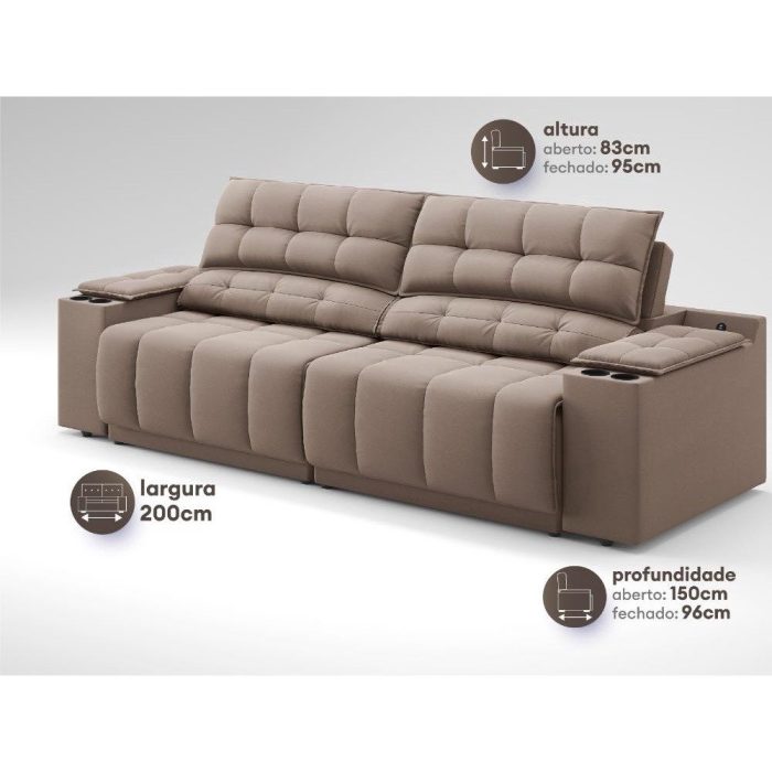 Sofá com Porta Copos Carregador USB Retrátil Reclinável Samurai 2 mt Velosuede Marrom netsofas - Imagem 3