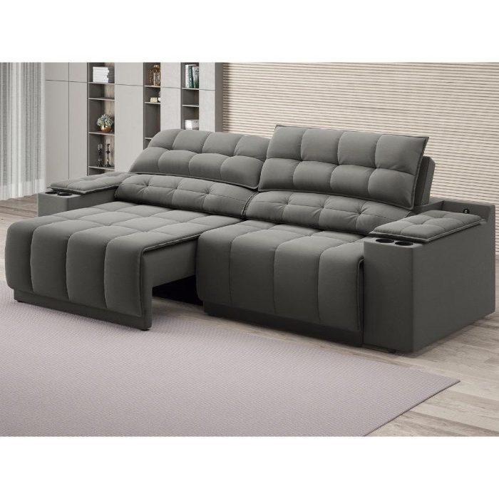 Sofá com Porta Copos Carregador USB Retrátil Reclinável Samurai 2 mt Velosuede Cinza netsofas - Imagem 1