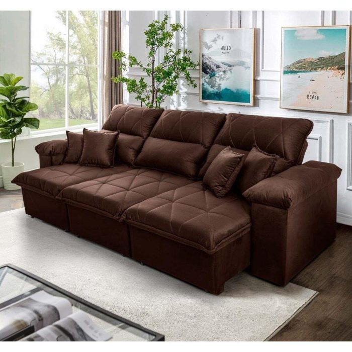 Sofá Retrátil/Reclinável Trento 2,30m Suede Velut Marrom c/ Molas no Assento - King House - Imagem 1